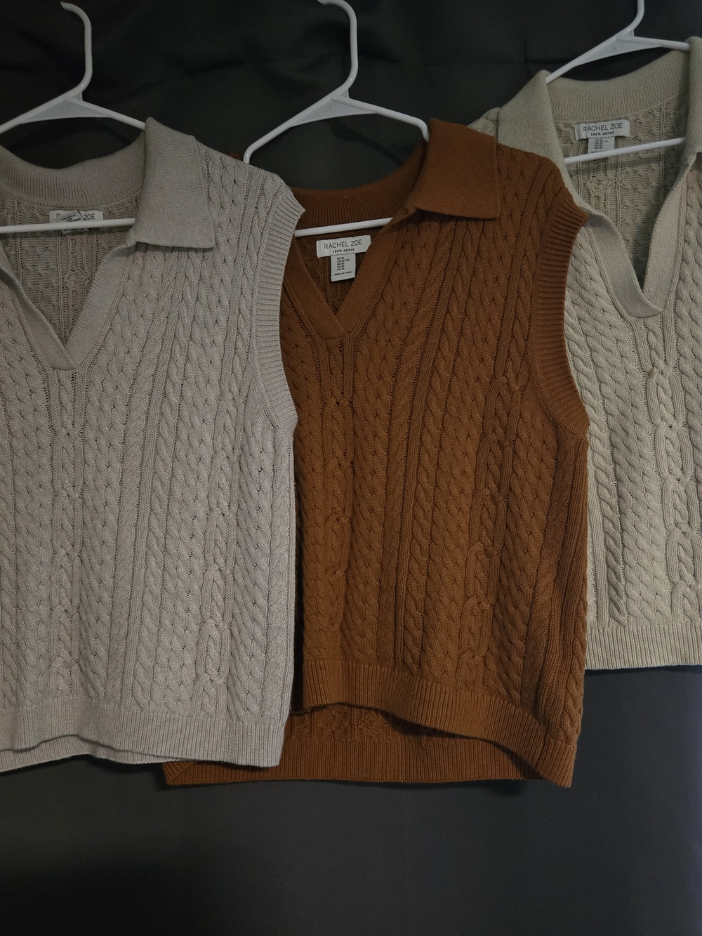 Rachel Zoe Cable Knit V-Neck Sweater Vests in Cream & Brown